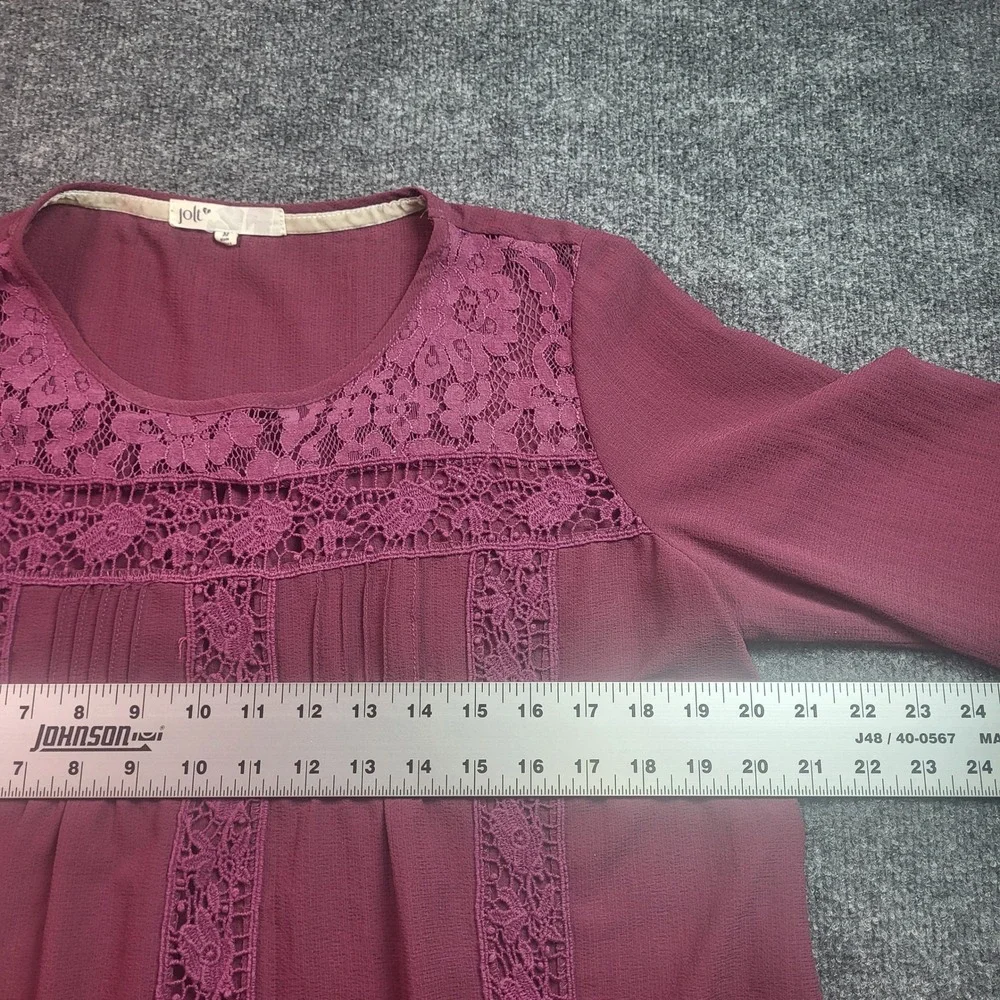 Jolt Womens Maroon Lace Trim Pintuck Long Sleeve Blouse Size Medium Burgundy Boh - Picture 5 of 6